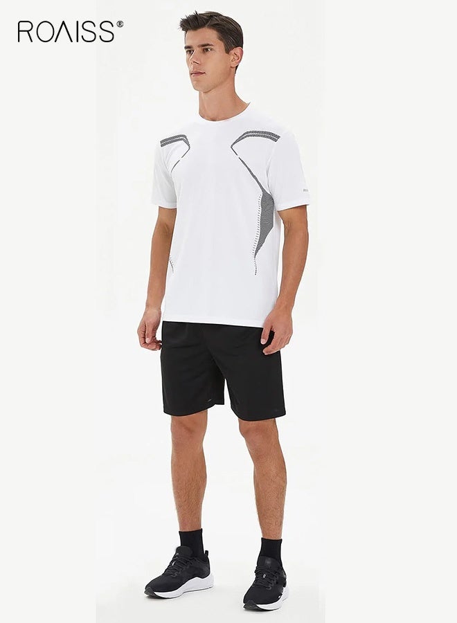 roaiss Men's Quick Dry Athletic Set, Short Sleeve T-Shirt and Elastic Waistband Shorts Activewear Set, Regular Fit Crewneck Workout Set,  Breathable Moisture Wicking Polyester Gym Outfit Set, High stretch Lightweight Sportswear Set for Running Training Boxing, White - Image 2